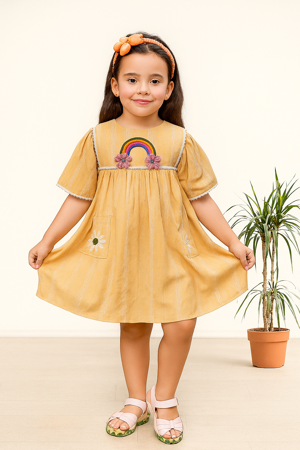 Tiny Twills Mustard Rainbow Frock – Girls' Cotton A-Line Dress with Pockets
