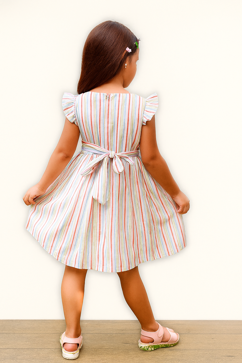 TINY TWILLS Girls’ Multicolor Striped Cotton Frock – Embroidered Waist & Peter Pan Collar | Summer Casual Dress