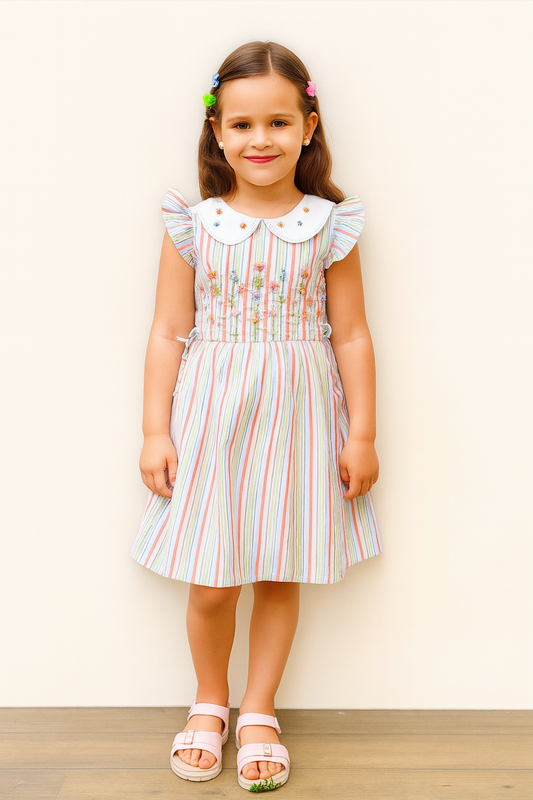 TINY TWILLS Girls’ Multicolor Striped Cotton Frock – Embroidered Waist & Peter Pan Collar | Summer Casual Dress