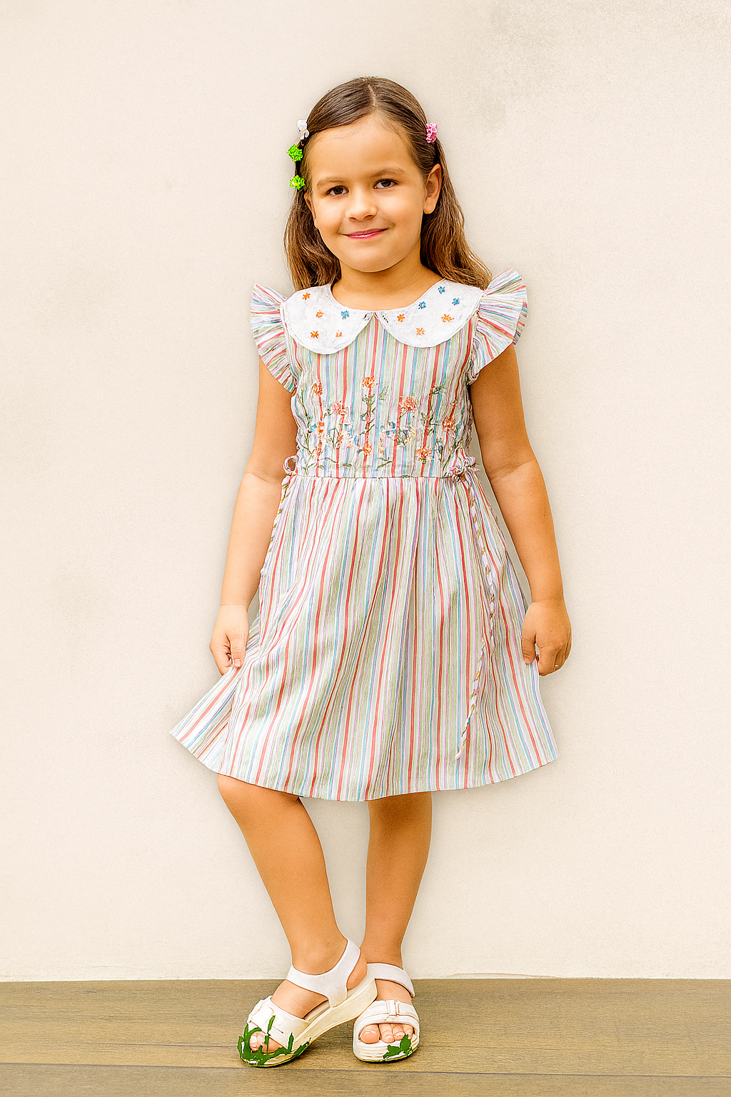 TINY TWILLS Girls’ Multicolor Striped Cotton Frock – Embroidered Waist & Peter Pan Collar | Summer Casual Dress