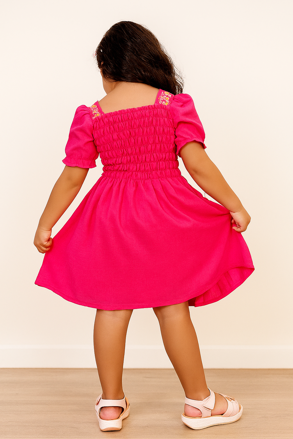 TINY TWILLS Girls' Smocked Frock with Puff Sleeves & Floral Embroidery – Festive Party Dress
