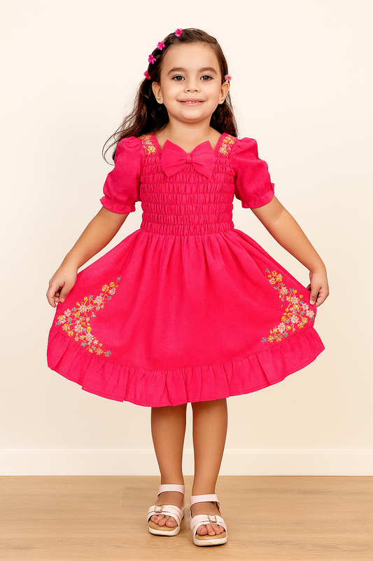 TINY TWILLS Girls' Smocked Frock with Puff Sleeves & Floral Embroidery – Festive Party Dress