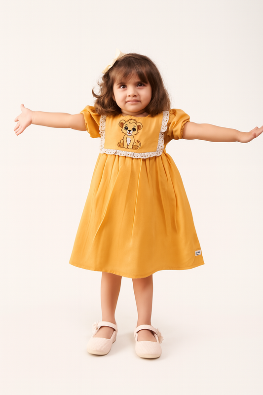 TINY TWILLS  CUB EMBROIDERED FROCK WITH LACE ON YOKE