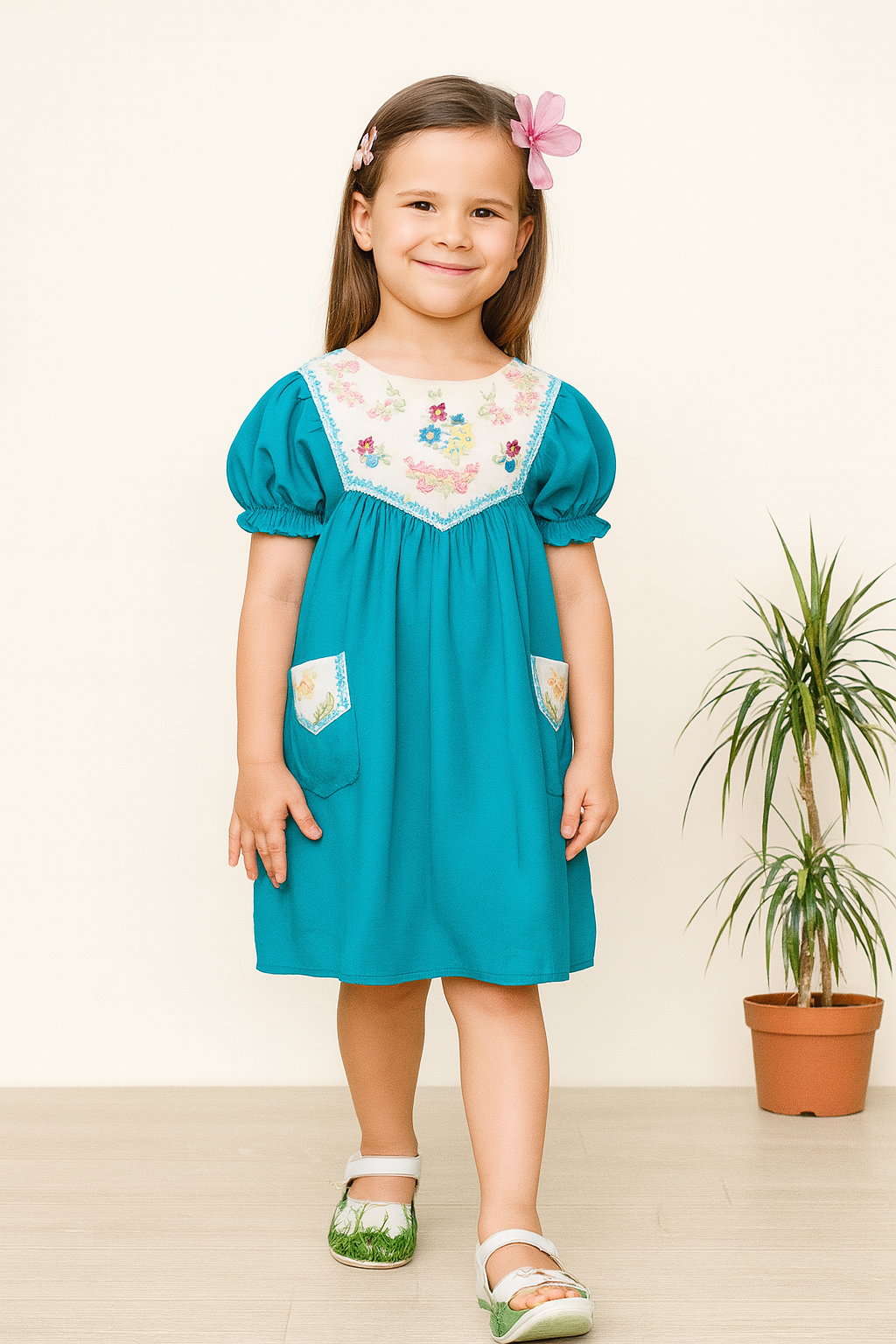 TINY TWILLS Girls’ Fuchsia Pink Cotton Dress with Embroidered Yoke & Pockets | Puff Sleeve Casual Wear |