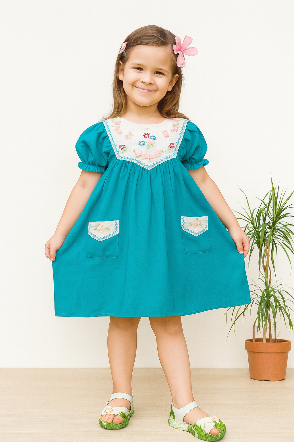 TINY TWILLS Girls’ Fuchsia Pink Cotton Dress with Embroidered Yoke & Pockets | Puff Sleeve Casual Wear |