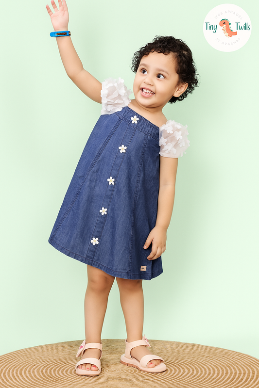 TINY TWILLS Blue Denim Frock with Floral Appliques and Sheer Sleeves