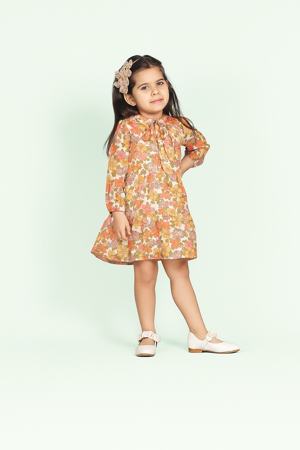 TINY TWILLS  Orange Floral Print Full-Sleeve Frock for Girls