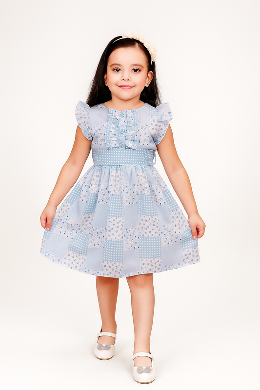 TINY TWILLS Floral Checks Printed Frock With Leaf Printed Belt & Frill