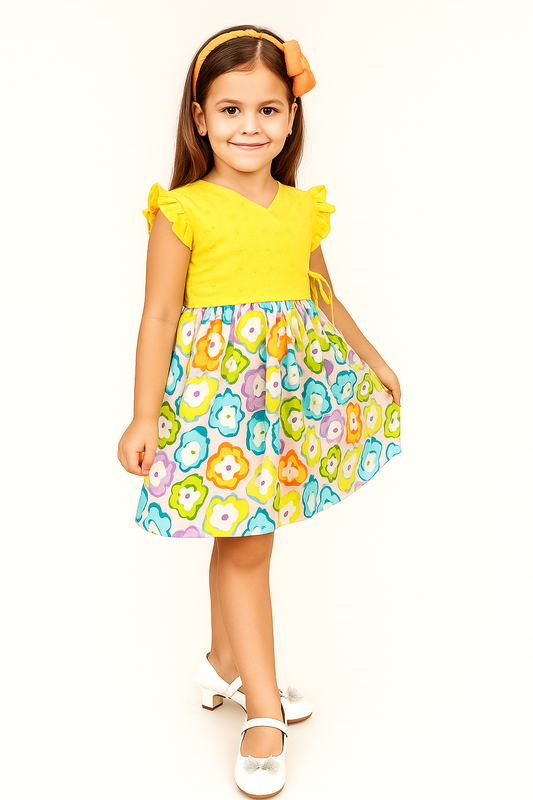 TINY TWILLS Cross Pattern Schiffli Yoke With Printed Flare