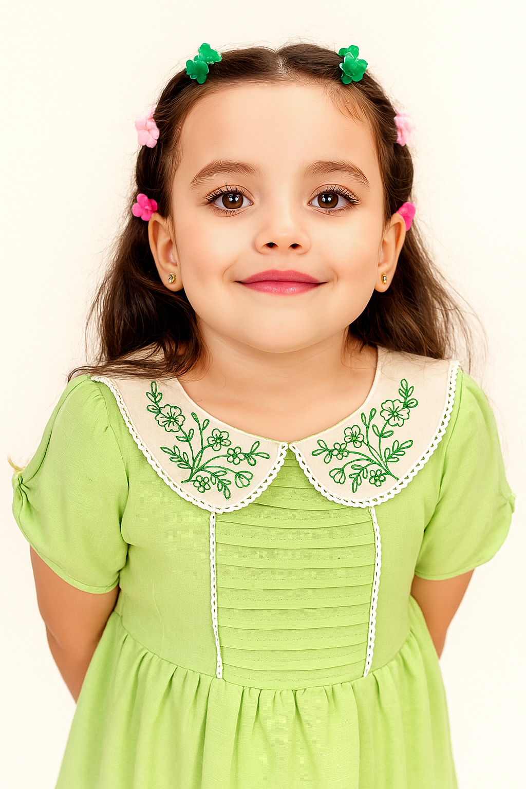 TINY TWILLS Side Floral Embroidered Frock With Pintucks On Yoke & Embroidered Collar