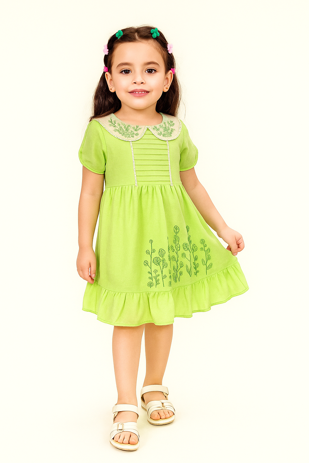 TINY TWILLS Side Floral Embroidered Frock With Pintucks On Yoke & Embroidered Collar