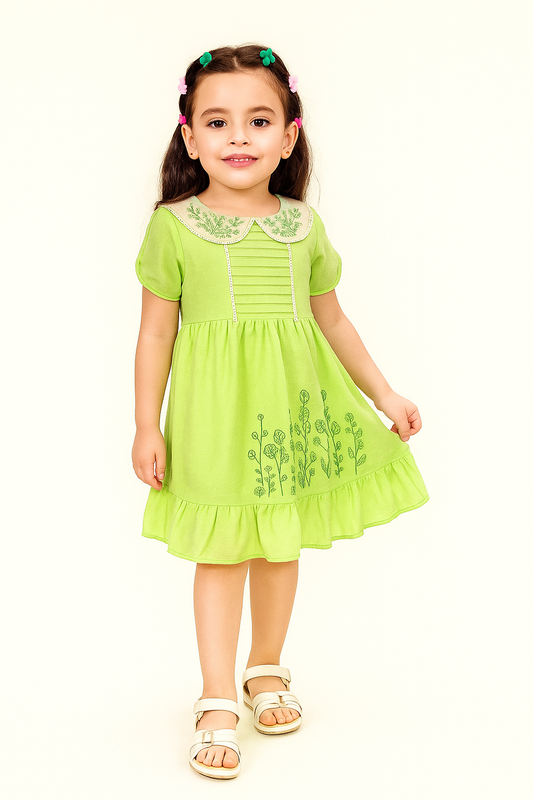 TINY TWILLS Side Floral Embroidered Frock With Pintucks On Yoke & Embroidered Collar
