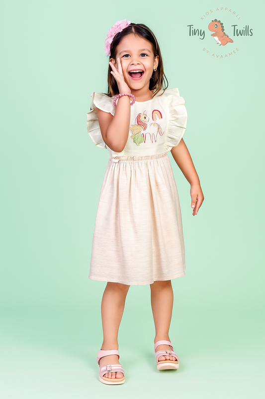 TINY TWILLS Unicorn Embroidered Dress With Tassels On Waist
