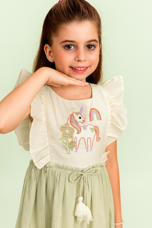 TINY TWILLS Unicorn Embroidered Dress With Tassels On Waist
