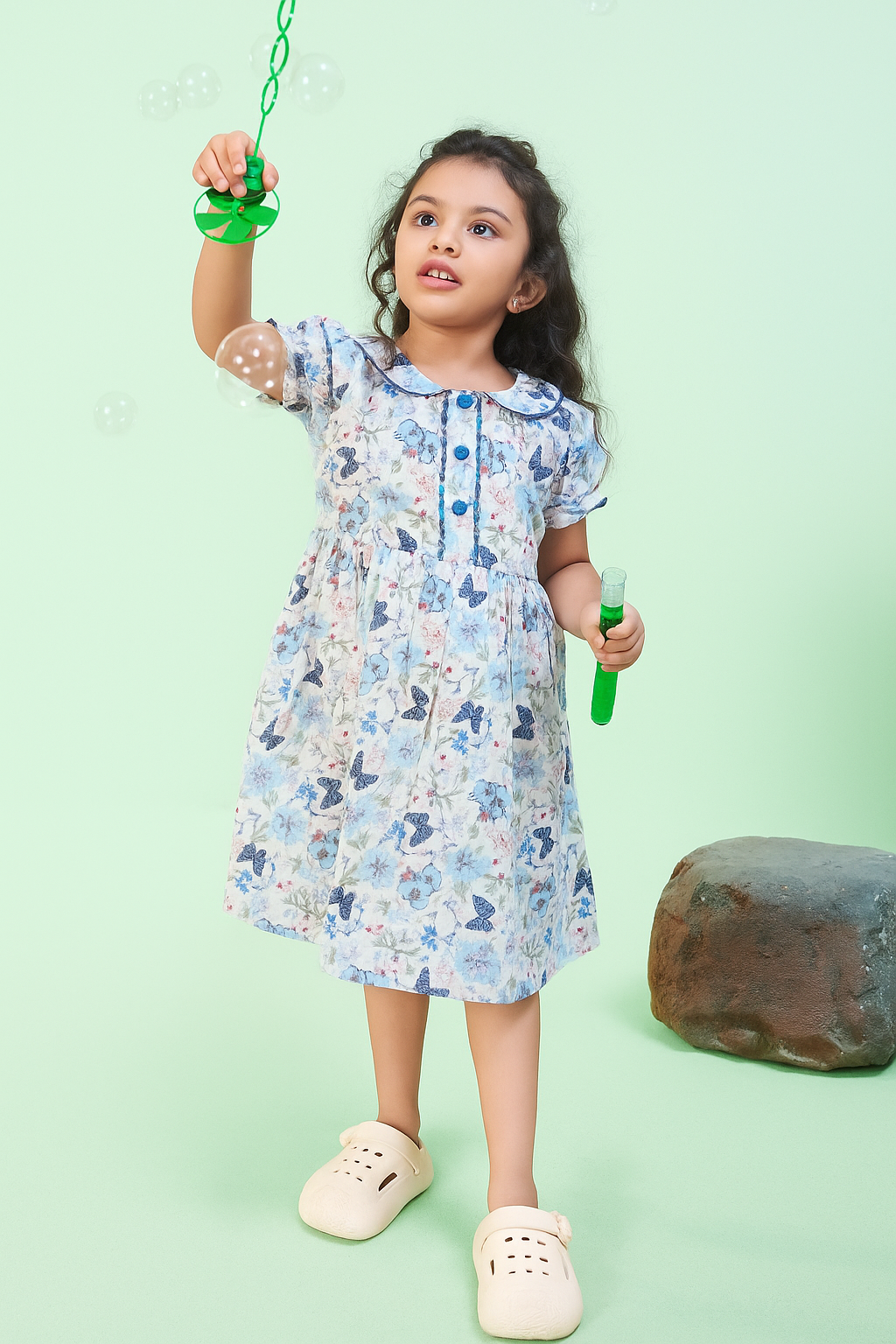 TINY TWILLS MUSLIN AARI BUTTERFLY PRINTED FRONT BUTTONED FROCK