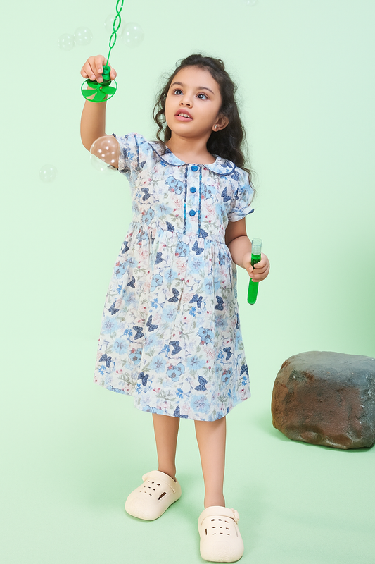 TINY TWILLS MUSLIN AARI BUTTERFLY PRINTED FRONT BUTTONED FROCK