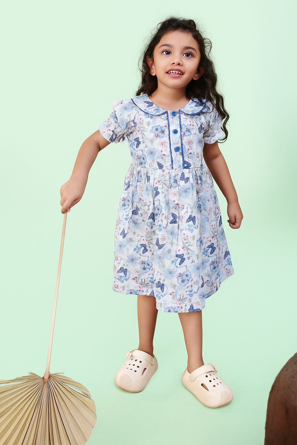 TINY TWILLS MUSLIN AARI BUTTERFLY PRINTED FRONT BUTTONED FROCK