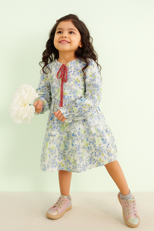 TINY TWILLS MUSLIN AARI SOFT FLORAL PRINTED TIERED FROCK