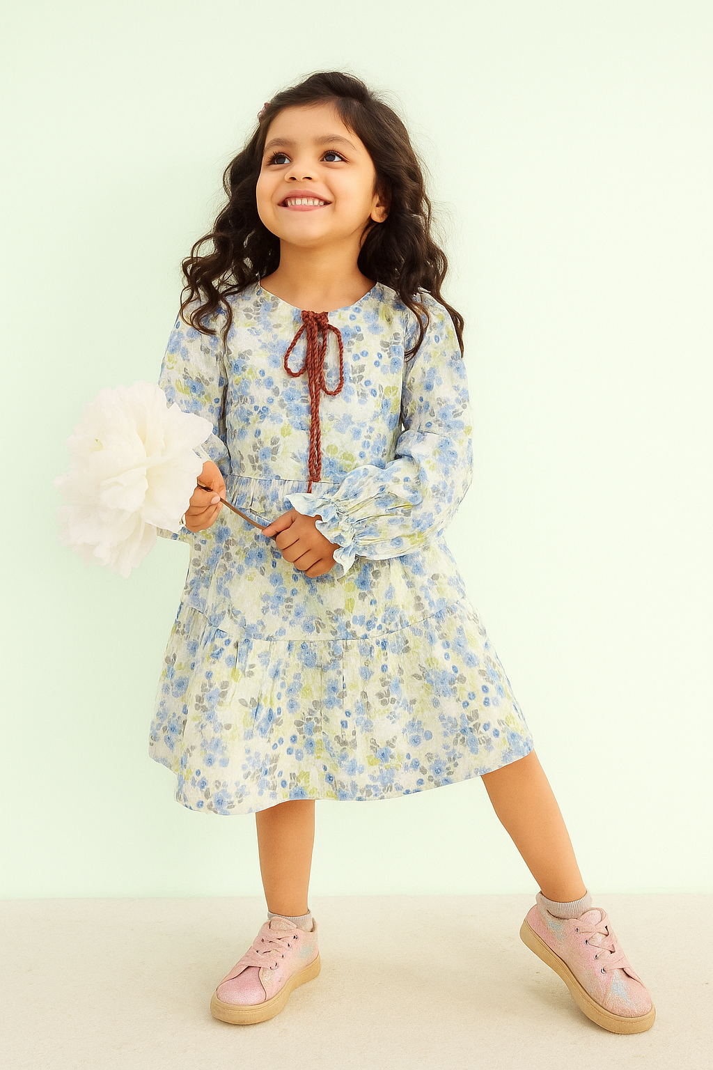 TINY TWILLS MUSLIN AARI SOFT FLORAL PRINTED TIERED FROCK