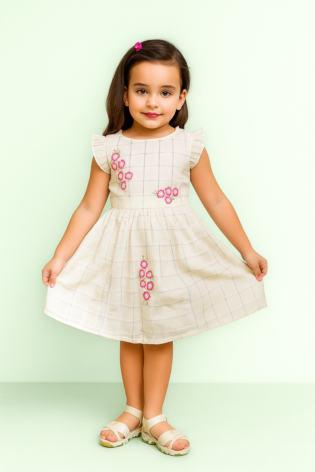 TINY TWILLS Girls Cotton Frock – White Checkered Dress with Hand Embroidered Floral Motifs | Elegant Everyday Wear for Kids