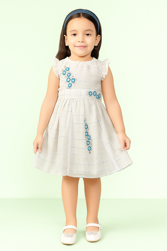 TINY TWILLS Girls Cotton Frock – White Checkered Dress with Hand Embroidered Floral Motifs | Elegant Everyday Wear for Kids