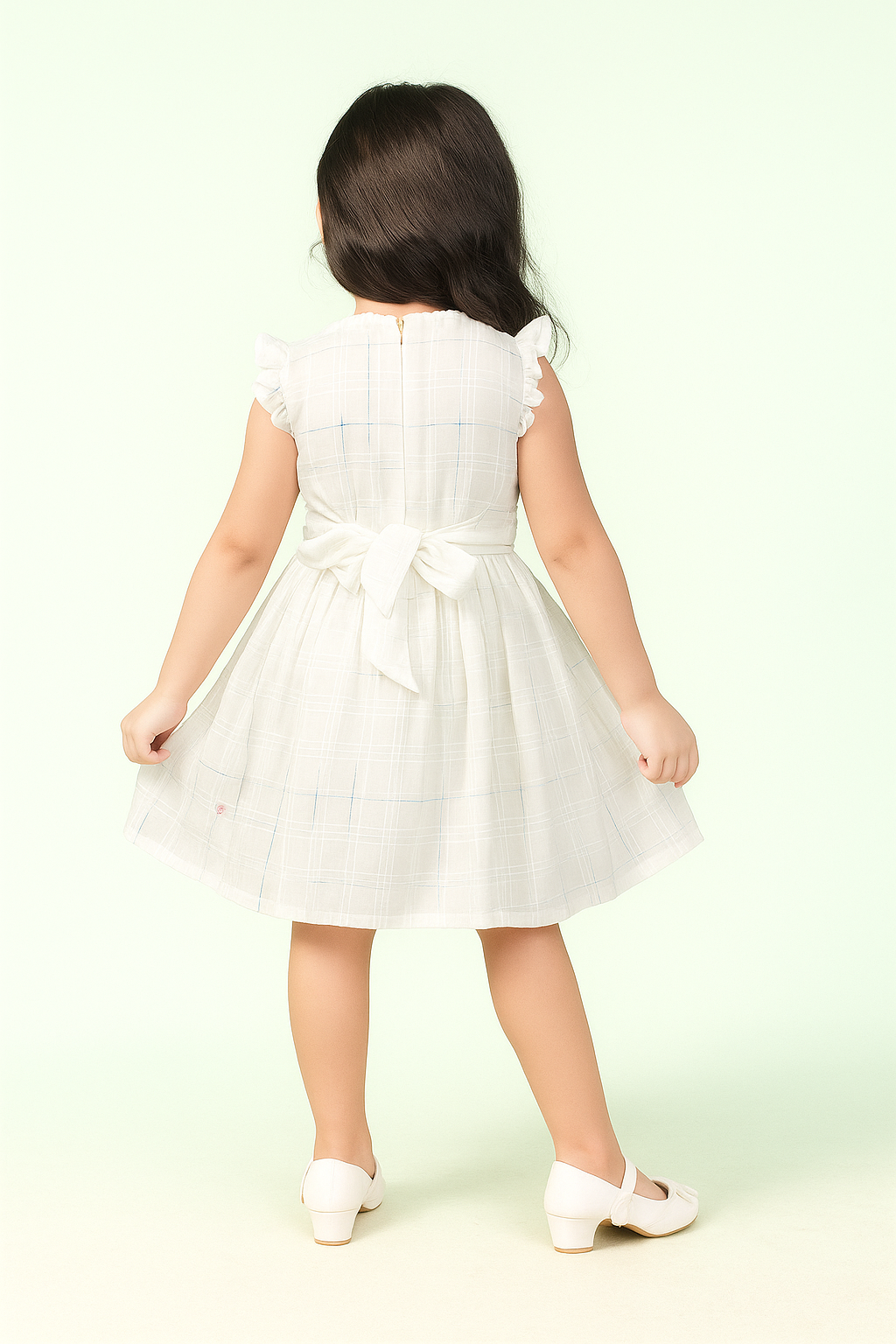 TINY TWILLS Girls Cotton Frock – White Checkered Dress with Hand Embroidered Floral Motifs | Elegant Everyday Wear for Kids