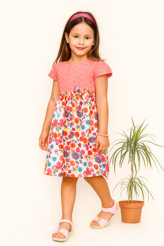 TINY TWILLS Girls Cotton Frock – Pink Eyelet Bodice with Colorful Floral Printed Skirt & Waist Bow | Bright Summer Casual Wear for Kids