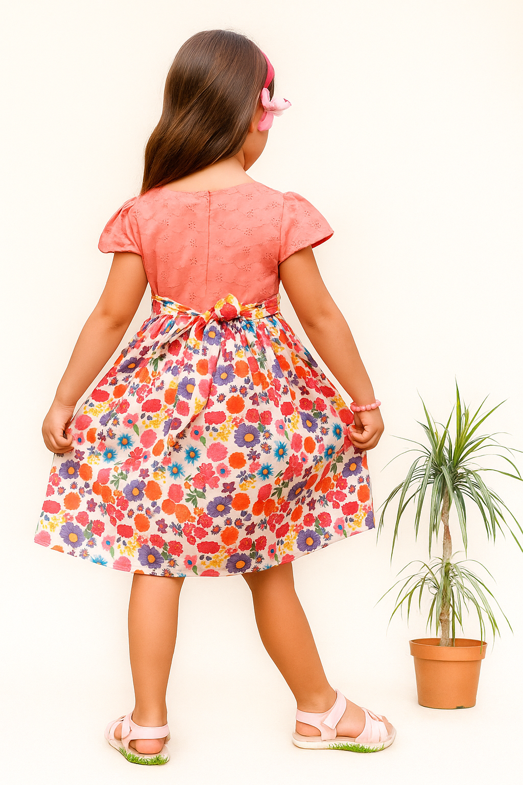 TINY TWILLS Girls Cotton Frock – Pink Eyelet Bodice with Colorful Floral Printed Skirt & Waist Bow | Bright Summer Casual Wear for Kids