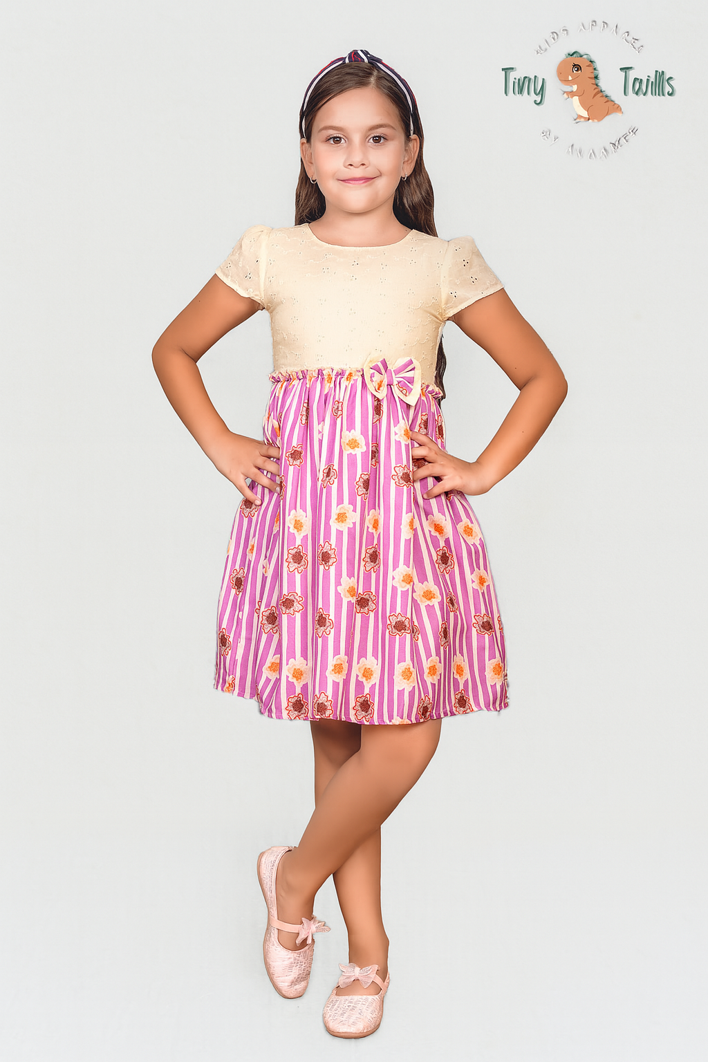 TINY TWILLS Girls Floral Frock – Cream Top with Blue Striped Skirt & Bow | Summer Cotton Party Dress for Kids