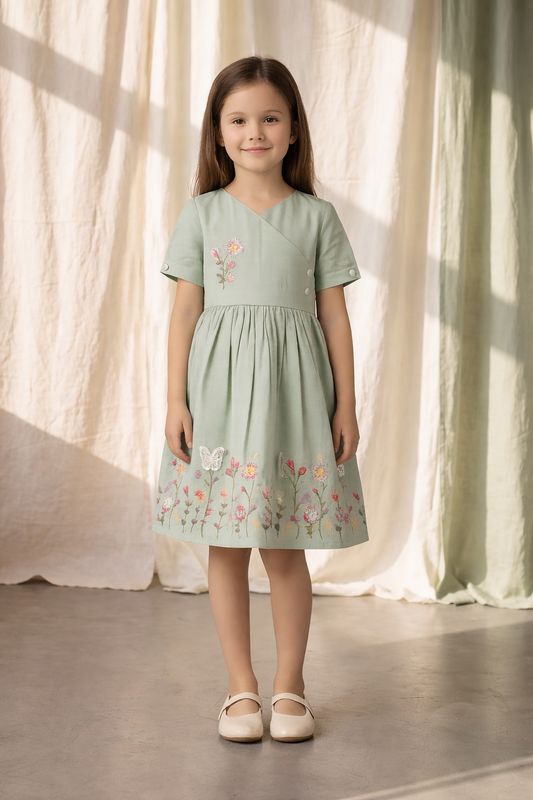 Elegant Sage Green Angrakha Dress with Delicate Floral Embroidery & Appliqué Butterfly Detail