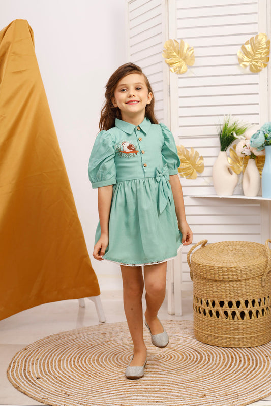 GREEN BIRD EMBROIDERED COLLARED FROCK