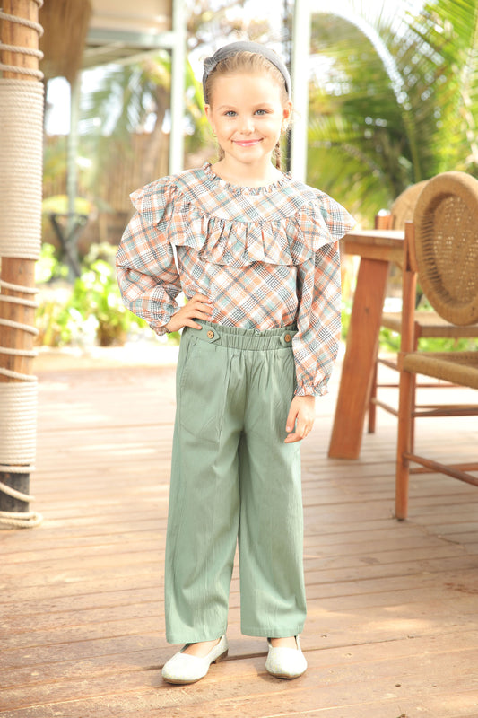 CHECKS PRINTED RUFFLE TOP PAIRED WITH GREEN PANTS