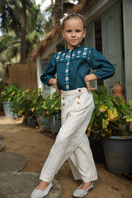 TEAL BLUE EMBROIDERED SHIRT WITH CREAM KHADI COTTON  PANTS