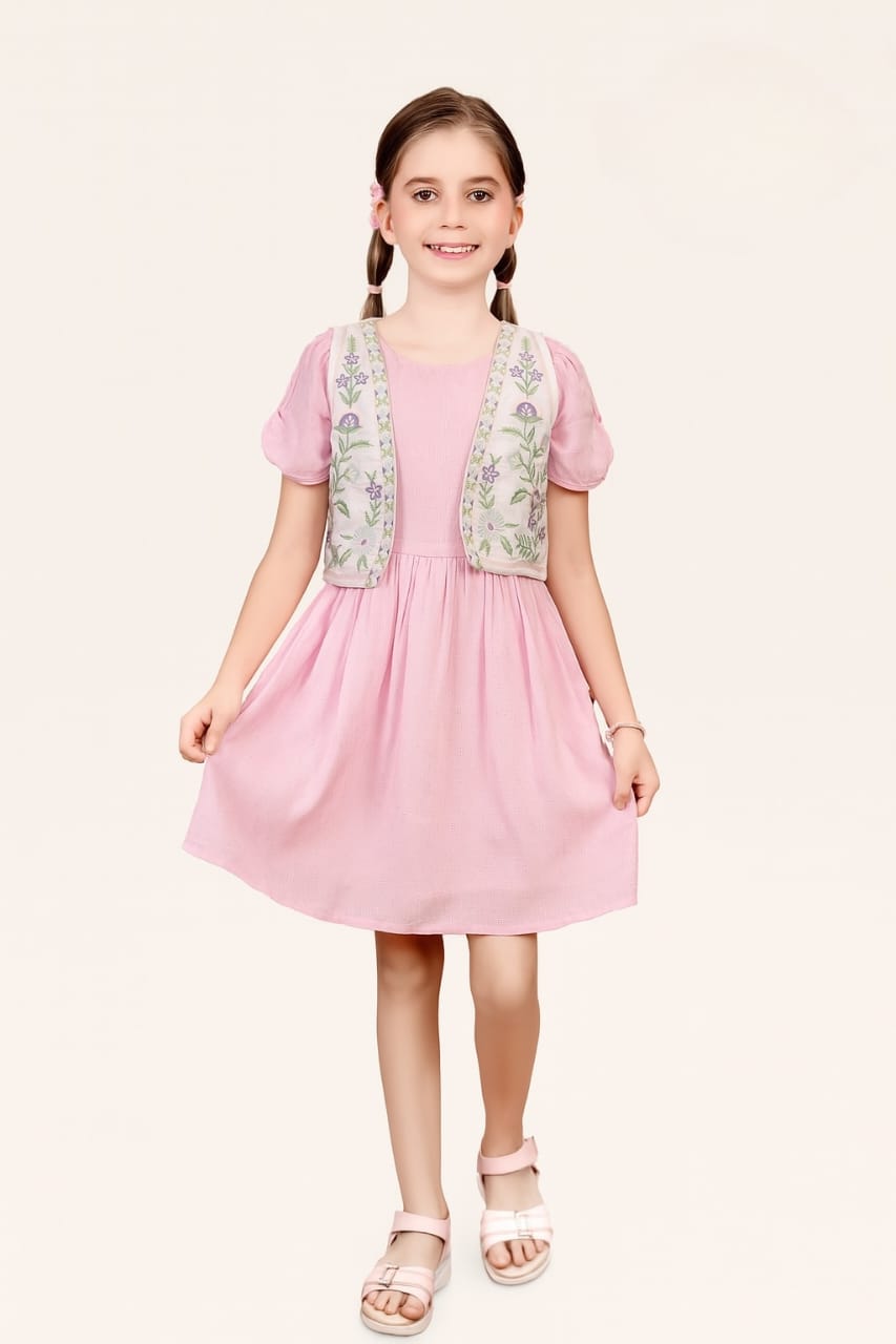 TINY TWILLS Girls Cotton Dress – Puff Sleeve Frock with Embroidered Sleeveless Jacket | Elegant Festive Wear for Kids