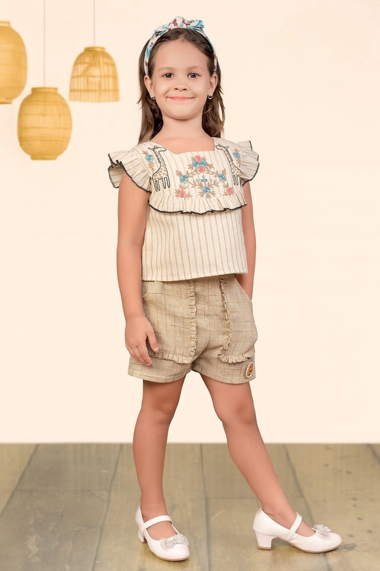 TINY TWILLS Girls' Summer Co-Ord Set – Beige Striped Top with Giraffe Embroidery & Textured Ruffle Shorts
